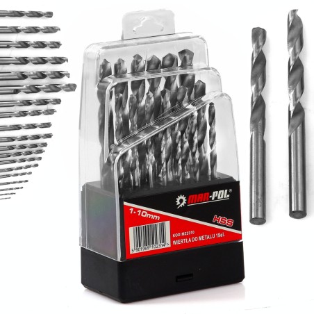 Set kit 19 pezzi punte trapano 1-10mm HSS in acciaio per legno metallo