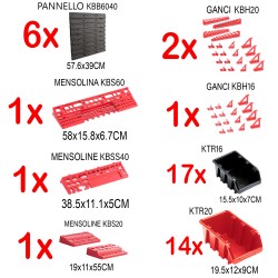 Pannelli Porta Attrezzi + Accessori | Pannelli 172,8x78 cm | 5 Mensoline | 3 Set di Ganci | 31 Contenitori Bocca di Lupo