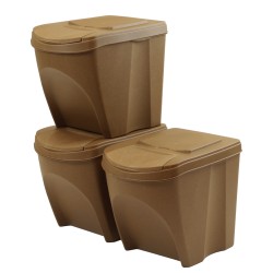 Set di Bidoni Cestini SortiBox ECO | per Raccolta Differenziata Riciclaggio | Impilabili | 25 Litri | Marrone | in Plastica e 33% di Legno| per Casa Interni